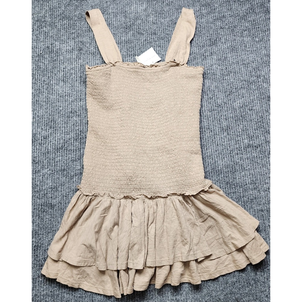 American Eagle Tan Smocked Tiered Ruffle Mini Dress Cotton NWT Medium Party